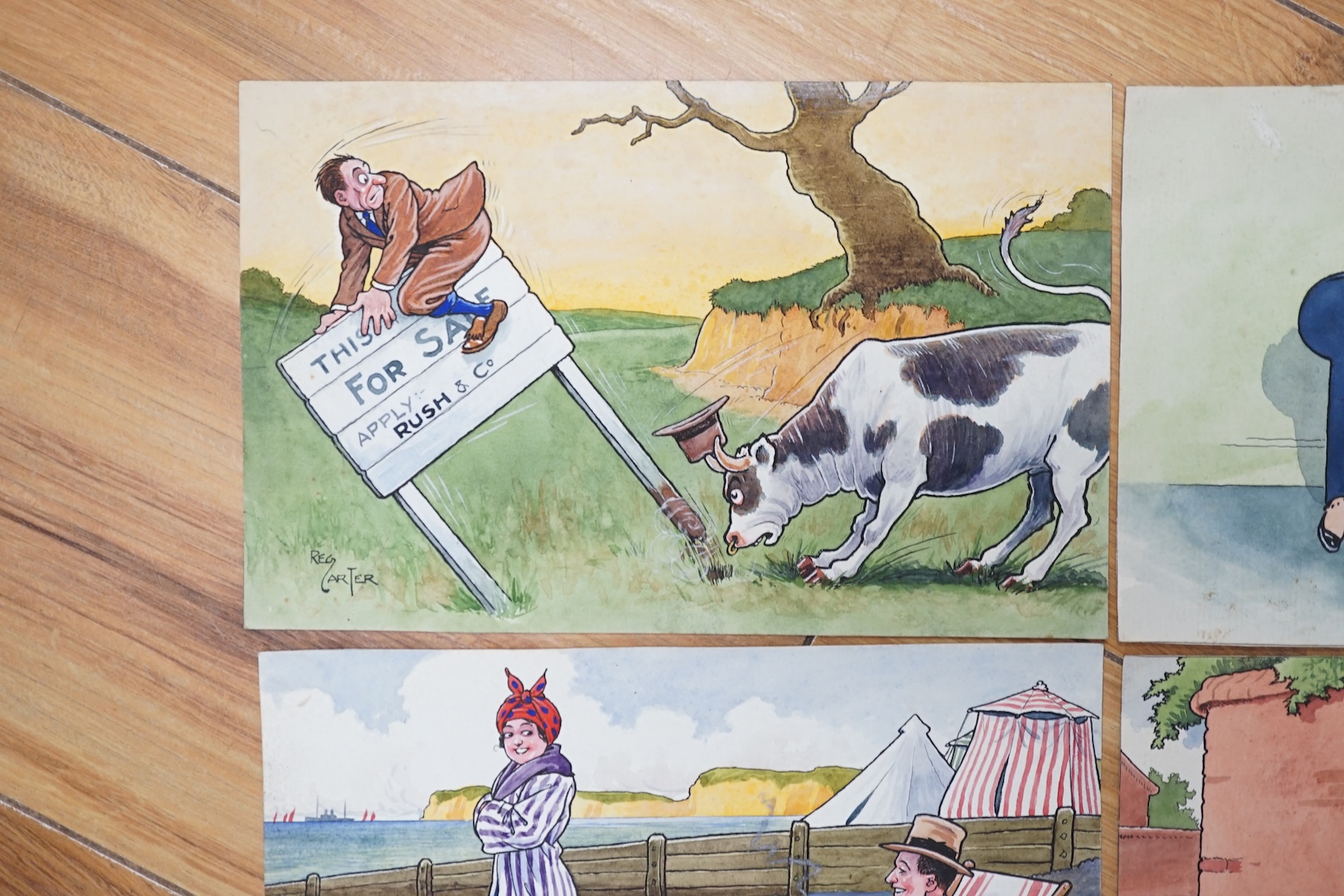 Reg Carter (1886-1949), set of six original watercolours for postcard designs, Humorous figures and scenes, each signed, largest 13 x 21cm, unframed. Condition - fair, some staining